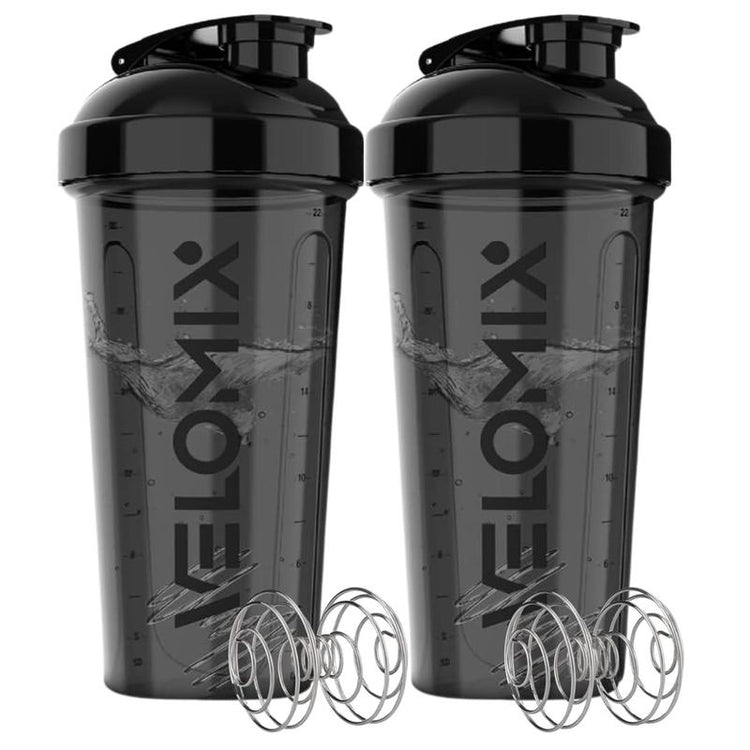 VELOMIX - 2 Pack 28 Oz Protein Shaker Bottles with 2X Wire Whisk & Leak Proof Shaker Cups for Protein Shakes - 100% Leak Proof Design