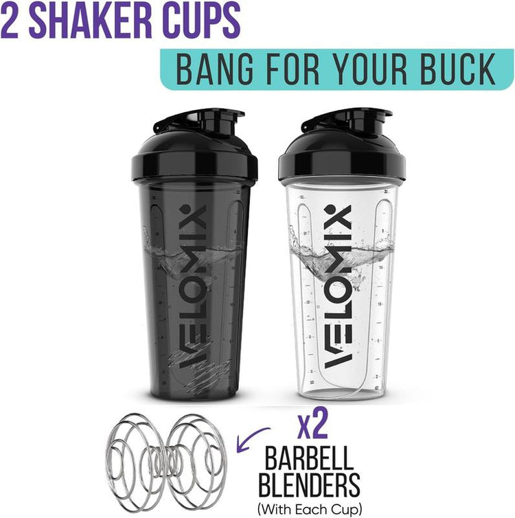 VELOMIX - 2 Pack 28 Oz Protein Shaker Bottles with 2X Wire Whisk & Leak Proof Shaker Cups for Protein Shakes - 100% Leak Proof Design
