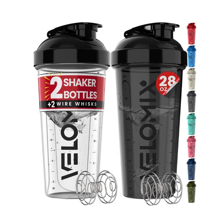 VELOMIX - 2 Pack 28 Oz Protein Shaker Bottles with 2X Wire Whisk & Leak Proof Shaker Cups for Protein Shakes - 100% Leak Proof Design