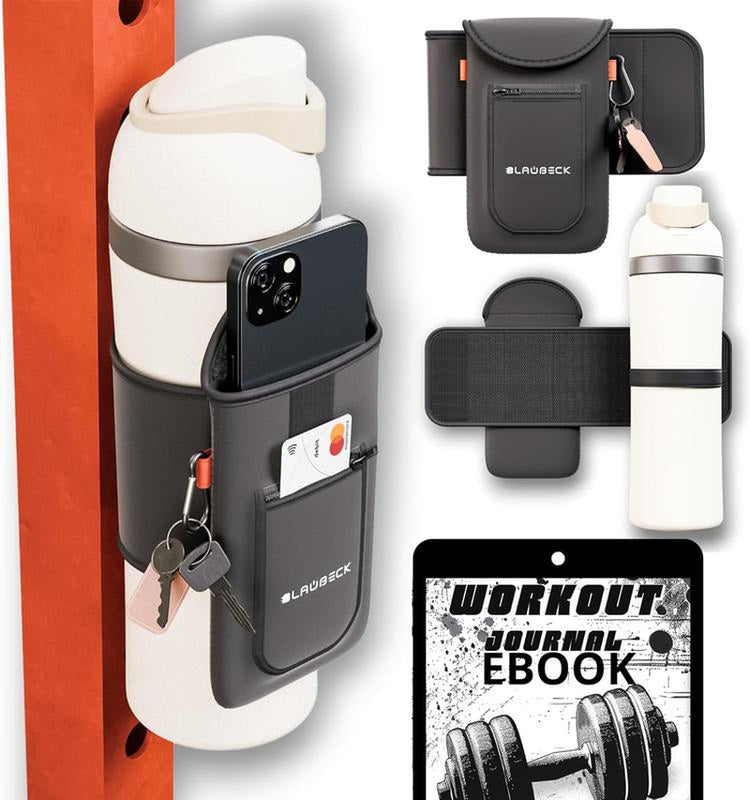 Black Magnetic Water Bottle Sleeve Bag with Large Phone Holder for Gym | Attach to Any Gym Equipment | Smartphone Accessory - Cellphone