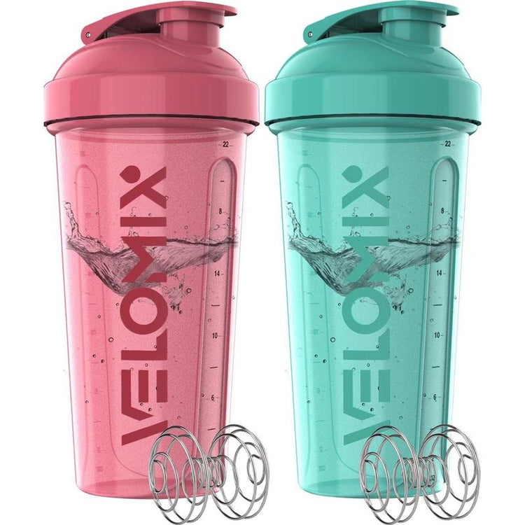 VELOMIX - 2 Pack 28 Oz Protein Shaker Bottles with 2X Wire Whisk & Leak Proof Shaker Cups for Protein Shakes - 100% Leak Proof Design