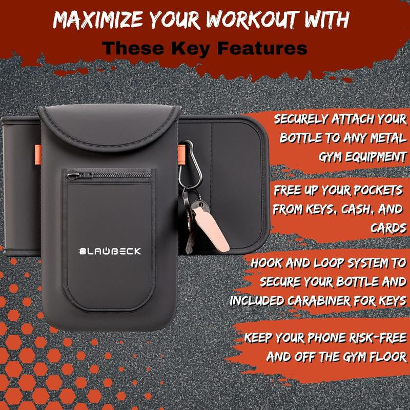 Black Magnetic Water Bottle Sleeve Bag with Large Phone Holder for Gym | Attach to Any Gym Equipment | Smartphone Accessory - Cellphone