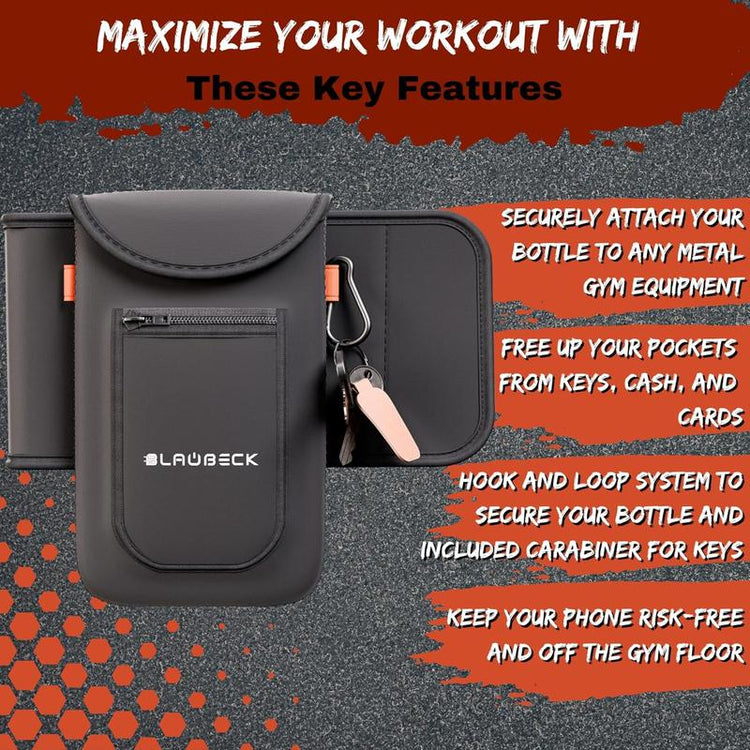 Black Magnetic Water Bottle Sleeve Bag with Large Phone Holder for Gym | Attach to Any Gym Equipment | Smartphone Accessory - Cellphone